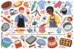 an image of people cooking in the kitchen with food and baking utensils around them