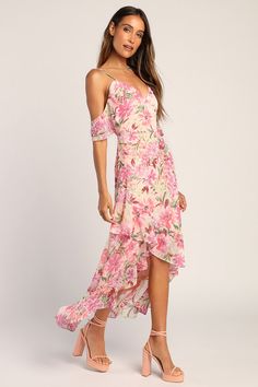 Be the talk of any garden party with the Lulus Watch Me Grow Pink Floral Print Cold-Shoulder High-Low Dress! A fun floral print decorates lightweight woven chiffon that shapes adjustable spaghetti straps that support short, ruffled, cold-shoulder sleeves. An empire waist tops the fitted silhouette that falls to a fluttery skirt with a ruffled, high-low hemline. Hidden back zipper/clasp. Fit: This garment fits true to size. Length: Ankle length. Size medium measures 41" from adjustable straps to Summer Chiffon Maxi Dress With One Shoulder, Floral Print Dress For Brunch And Garden Party, Feminine Summer Chiffon Maxi Dress, Feminine Chiffon Maxi Dress For Summer, Spring Chiffon Floral Dress For Garden Party, One-shoulder Chiffon Vacation Dress, Chiffon One-shoulder Vacation Dress, Summer Floral Print Dress For Garden Party, Spring Flowy Off-shoulder Maxi Dress