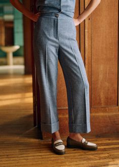 Ankle-length trousers;Turn-up hems;Slant pockets and faux welt pockets with button on back;Defined front and back pleats;Zip and button fastening;Lined;Inside leg length: 69 cm / 27.2 in (size EU36/UK8) Blue Wool, Beautiful Clothes, Parisian Style, Office Wear, Welt Pocket, Beautiful Outfits, Ankle Length, Personal Style, Style Inspiration