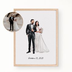 a wedding photo with the bride and groom on it, next to a wooden frame