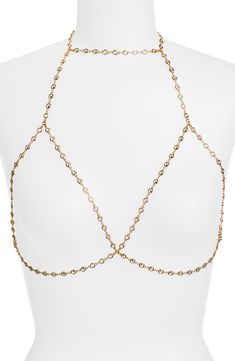 Completely wrap yourself in shine with this sleek body chain stationed with bezel-set crystals. 18k-gold plate/crystal Made in the USA of imported materials Gold Chain Link Body Chain, Gold Adjustable Chain Link Body Chain, Diy Halter Top, Crystal Station, Body Necklace Chain, Gold Body Chain, Body Accessories, Curator Style, Made In The Usa