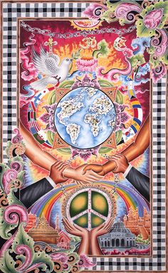 an artistic painting with hands holding the earth