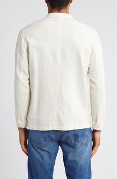 This airy cotton-and-linen shirt jacket is the lightweight layer you need to look put-together when the temps soar. 28" length; 45" chest (size Medium) Front button closure Spread collar Long sleeves with button cuffs Chest patch pocket; front patch pockets 74% cotton, 26% linen Hand wash, line dry Imported White Collared Shacket With Relaxed Fit, White Cotton Shacket For Work, Spring White Relaxed Fit Blazer, Spring White Blazer With Relaxed Fit, White Relaxed Fit Blazer For Fall, White Cotton Button-up Shacket, White Cotton Button-up Blazer, Casual Cream Button-up Blazer, White Cotton Shacket With Pockets