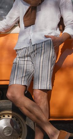 blue striped linen shorts Subtle Beauty, Into The Unknown, Slim Fit Shorts, The Unknown, Linen Shorts, Signature Collection, Striped Linen, Casual Elegance, Chino Shorts