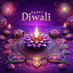 happy diwali greeting card with candles and gift boxes on purple background, 3d illustration