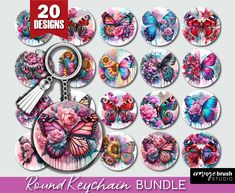 the round keychain bundle includes 20 different designs, including butterflies and pink roses