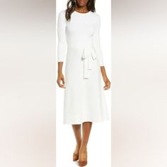 A Matching Tie Accentuates The Waist Of A Refined Fit-And-Flare Dress That Takes You Stylishly From Work To The Weekend. 41" Length (Size Medium) Slips On Over Head Crewneck Three-Quarter Sleeves Optional Sash At Waist 65% Rayon, 35% Nylon Hand Wash, Dry Flat Unlined **Stock Photos Of The Black Version Shown Since That Color More Easily Shows The Dress! A Bit Wrinkled From Storage Elegant Fitted Winter White Dress, White Knee-length Dress For Fall, Elegant Winter White Dress For Fall, Elegant Winter White Fall Dress, Formal White Fit And Flare Midi Dress, Elegant Off-white Dress For Work, Elegant Off White Dress For Work, White Midi-length Workwear Dress, White A-line Midi Dress For Fall