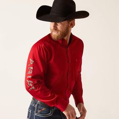 Cranberry Crimson Team Logo Ariat Shirt Ariat Shirt, Boots Store, Fitted Shirt, Shirt Embroidery, Red Shirt, Shirt Sale, Shirt Men, Team Logo, Casual Button Down Shirts