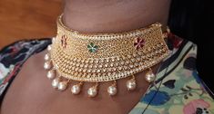 22 Karat Gold Choker Necklace with Cz , Color Stones & Japanese Culture Pearls - 235-GN4570 - in 54.500 Grams for USD $3988.34. 
Made in India by Totaram Jewelers Online this product is in Gold - 22 Karat BIS Hallmark 916 KDM Gold  & is an excellent gift for Adult - Women. Ships fully insured with secured guaranteed delivery for free with your order over $250 from New Jersey USA & comes with 30 days exchange policy. Anniversary Gold Cubic Zirconia Kundan Necklace, Gold Jeweled Kundan Choker Necklace, Gold Cubic Zirconia Bridal Necklace In Temple Jewelry Style, Gold Cubic Zirconia Choker For Wedding, Gold Cubic Zirconia Bridal Necklace For Festivals, Gold Cubic Zirconia Bridal Choker, Gold Jeweled Bollywood Choker, Bollywood Gold Jeweled Choker, Bollywood Style Gold Jeweled Choker