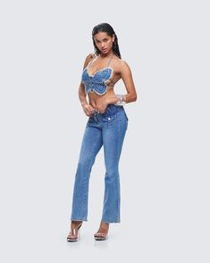 The Y2K jeans of your dreams 💅 With a low rise fit, these denim jeans are the perfect timeless pair for when you want to bring a little extra flare to the occasion 💙 Medium Wash Mid-rise Jeans For Night Out, Mid-rise Medium Wash Jeans For Night Out, Mid-rise Denim Jeans For Night Out, Y2k Style Fitted Cargo Jeans, Medium Wash Fitted Jeans For Night Out, Fitted Medium Wash Jeans For Night Out, Straight Leg Denim Blue Jeans For Night Out, Straight Leg Jeans For Night Out In Denim Blue, Y2k Dark Wash Flare Jeans