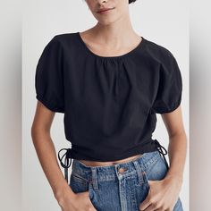 Crafted In Crinkled Cotton Poplin, This Puff-Sleeve Crop Top Has An Elasticized Jewel Neckline, Adjustable Cutouts At The Sides And Buttons At The Back. Crop Length: Designed To Hit Low On The Ribcage And Show A Hint Of Skin. Body Length From High Point Of Shoulder: 19 1/2". Cotton. Do Well: By Buying Cotton Products From Madewell, You're Supporting Our Investment In Better Cotton's Mission To Help Cotton Communities Survive And Thrive While Protecting And Restoring The Environment. This Product Madewell Shirts, Cutout Crop Top, Vest Crop Top, Puff Sleeve Crop Top, Popover Shirt, Jewel Neckline, Cropped Tube Top, Sleeveless Crop Top, Wrap Blouse