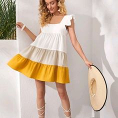 Nwot Shein Cute Tiered Dress With Ruffly Shoulder Detail. Tiers Are White, Tan/Biege And Yellow. Perfect For Summer, Spring, And More. Measures 31 3/4 Inches Top Of Shoulder To Bottom. 17 1/2 Inches Pit To Pit. Panama Wedding, Resort Dresses, Houndstooth Dress, Shein Dress, Shein Dresses, Curvy Dress, Body Dress, Sleeveless Floral Dress, 15 Dresses