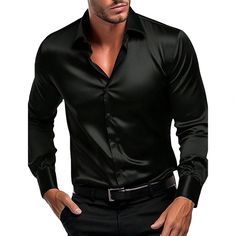 Lapel Collar Dress Shirt Men's Satin Button-down Cardigan for Office Business Wear Slim Fit Long Black Satin Shirt, Bow Tie Suit, Lapel Top, Satin Noir, Prom Long, Business Tops, Satin Shirt, Prom Dresses Long With Sleeves, Slim Fit Shirt