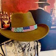 Patriotic Hatband Hand Beaded Hat Belt Southwestern Style Hat Bands For Kentucky Derby, Southwestern Turquoise Hat Band For Ranch, Artisan Beaded Hat Bands For Western-themed Events, Southwestern Beaded Turquoise Hat Bands, Southwestern Turquoise Beaded Hat Bands, Country Style Beaded Hat Bands For Country Events, Handmade Country Hat Bands For Western-themed Events, Southwestern Turquoise Hat Bands For Country Events, Western Beaded Hat Bands For Western-themed Events