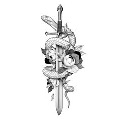 a dagger and roses tattoo design on a white background with the snake wrapped around it