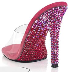 4 1/2" High Heel Clear Slide On Shoes. Two Tone Rhinestones Encrusted Underside. Style: Party Formal Dance Alag-01dmm Pink Rhinestone Heels For Cocktail, Glamorous Crystal Heels With Rhinestones, Glamorous Crystal Rhinestone Heels, Holiday Heels, Slide On Shoes, Black Lace Heels, Black Ankle Strap Heels, High Heel Dress Shoes, Brown Suede Heels