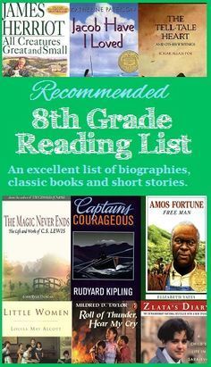 the book cover for recommended 8th grade reading list, which includes books and other activities