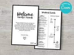 a black and white wedding program card with the words welcome friends on it, next to a