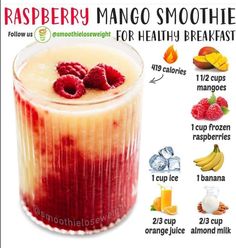 raspberry mango smoothie in a glass with information about the ingredients and how to make it