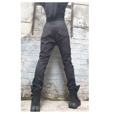 "Black cotton long woman pants🤩 Extravagant designs and high quality fabrics. The item from the pictures is size S For more information feel free to ask questions. Material &Care Cotton textiles Machine wash 30oC Hand wash at low temperatures Do not machine dry Medium hot iron Sizing We make size from xs to 3xl as well as customized measures.So don't hesitate to contact us and make one for you. 🛫🎁Shipping🎁 🛬 STANDARD SHIPPING Europe : 6-8 business days USA&Canada : 8-10 business day Gothic Stretch Cotton Bottoms, Gothic Fitted Cotton Bottoms, Fitted Gothic Cotton Bottoms, Gothic High Waist Stretch Pants, Gothic Fitted Bottoms, Gothic Full-length Pants For Alternative Fashion, Gothic Stretch Trousers, Baggy Straight Leg Pants For Alternative Fashion, Edgy Stretch Straight Pants