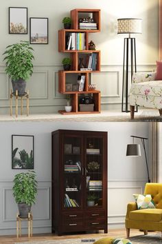 a living room filled with furniture and bookshelves next to each other in front of a window