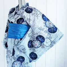 Japanese Yukata Kimono - Blue Morning Glories in Patterned Blue and White Traditional Blue Floral Print Kimono, Traditional Blue Floral Kimono, Blue Kimono Traditional, Blue And White Background, Kimono Traditional, Blue Morning Glory, Japanese Yukata, Blue Stripes Pattern, Morning Glory Flowers