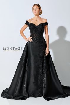 Off-the-shoulder v-neck a-line mikado gown with a dropped waist adorned with lace stone accents. Shawl,... Lace Overskirt, Mikado Gown, Trendy Prom Dresses, Dress Display, A Line Evening Dress, Plus Size Bridesmaid, Black Dress Formal, Black Evening Dresses, Mon Cheri