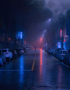 a city street at night with cars parked on the side of the road in the rain