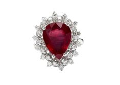 7.90 Carats Impressive Natural Red Ruby and Diamond 14K White Gold Ring Suggested Replacement Value $6,200.00 Total Natural Red Ruby Weight is: Approx. 7.00 Carats (lead glass filled) Ruby Measures: Approx. 14.20 x 10.70mm Natural Round Diamonds Weight: Approx. 0.90 Carats (color G-H / Clarity SI1-Si2) Ring size: 7 (free re-sizing available) Ring total weight: Approx. 5.8 grams Disclaimer: all weights, measurements and colors are approximate and may vary slightly from the listed dimensions or as Luxury Red Cluster Diamond Ring, Luxury Pear-shaped Ruby Ring, Luxury Red Pear-shaped Ring, Formal Cluster Ruby Ring, Classic Red Ruby Cluster Ring, Classic Red Cluster Ruby Ring, Classic Red Cluster Diamond Ring, Luxury Pear-shaped Ruby Ring For Formal Occasions, Red Diamond Cluster Ring With Vvs Clarity