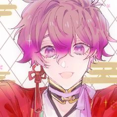 an anime character with pink hair and purple eyes looking at the camera while wearing a red jacket