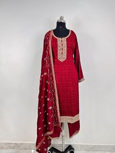 Pakistani Salwar Kameez / Indian Wedding Dress / Plus Size Cotton Dress Traditional Indian Wear / Salwar Kameez Dupatta / Kurti Palazzo Set Product Details Maroon yoke design Kurta with Trousers with dupatta Kurta design: * Floral yoke design * Straight shape * Regular style *Round neck, three-quarter regular sleeves * Calf length with straight hem * Silk blend fabric * Sequinned detail Trousers design:  * Solid Trousers * Partially elasticated waistband * Slip-on closure Material & Care Silk Bl Palazzo Set With Dabka Work And Kundan Straight Kurta, Palazzo Set With Dabka Work And Straight Kurta, Kundan Palazzo Set With Dabka Work Straight Kurta, Straight Kurta Set With Kundan And Dabka Work, Straight Kurta Sets With Resham Embroidery In Chinon, Chinon Straight Kurta Sets With Resham Embroidery, Festive Designer Palazzo Set With Dabka Work, Kundan Straight Kurta Set For Transitional Season, Bollywood Style Festive Palazzo Set With Resham Embroidery