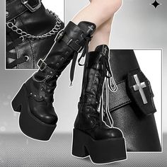 Black White Cross Boots ON1418 👢✨🖤🤍 Step into edgy style with a touch of cuteness with the Kawaii Black White Cross Boots. These boots are the perfect choice for those who want to showcase their unique fashion sense while adding a kawaii twist to their footwear collection. The Black White Cross Boots feature an edgy design with a black and white color combination, creating a bold and stylish look. The cross pattern adds a touch of uniqueness, making these boots stand out from the crowd. Craft... Egirl Shoes, Cross Boots, Kawaii Store, Egirl Fashion, Boot Stand, Edgy Design, Shoe Ideas, White Cross, Edgy Style