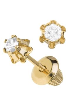 Whatever the occasion, this classic first set of diamond stud earrings will only add to her sparkle. The studs are hand-set in 14-karat gold to serve as a treasured keepsake, while the threaded post and safety-bell clutch make them safe for the tiniest of fashionistas. Style Name:Mignonette 14K Gold & Diamond Earrings (Baby Girls). Style Number: 5375214. Available in stores. Elegant 14k Gold Internally Threaded Jewelry, 14k Gold Diamond Earrings With Accents, Formal Diamond Earrings With Screw Back, 14k Gold Diamond Earrings With Diamond Accents, 14k Yellow Gold Screw Back Earrings, 14k Gold Diamond Earrings With Diamond Accents As Gift, 14k Gold Diamond Earrings With Accents For Gift, 14k Yellow Gold Earrings With Screw Back, Elegant Internally Threaded Yellow Gold Jewelry