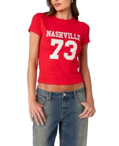 Edikted Nashville T Shirt Red T-shirt For Fall Streetwear, Trendy Red T-shirt For College, Casual Fitted T-shirt For Game Day, Trendy Tops For Game Day In Summer, Red T-shirt For College Summer Events, Red T-shirt For College Summer, Red Summer T-shirt For College, Summer Game Day Crew Neck Top, Red Summer Game Day Tops