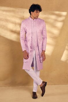 Onion pink overlap panel sherwani with embroidered geometric patterns. Comes with pant. - Aza Fashions Pink Fitted Nehru Jacket, Designer Pink Sherwani, Designer Pink Bandhgala With Resham Embroidery, Designer Pink Sherwani For Festive Season, Pink Fitted Nehru Jacket With Chikankari Embroidery, Festive Pink Designer Bandhgala, Pink Fitted Kurta For Transitional Season, Pink Fitted Nehru Jacket With Resham Embroidery, Transitional Season Pink Fitted Kurta