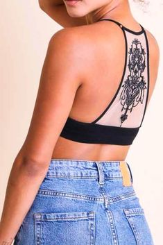 Gorgeous & Timeless Tattoo Mesh Racerback Bralette No Adjustable Strap Heat Stamped Product Detail; Bust Measurement Approx : XS/S Cup Fit XS/S: 32A 32B 32C 34A 34B M/L: 32D 34C 36B 36C 38B 1X/2XL: Size 14-18 Bust 40"-44" Cup Fit; 34DD 36D 38C 38D 40B 40C 42B 36DD 40D 42C 2XL/3XL: Size 20-24 Bust 46"-51" Cup Fit; 38DD 40DD 42D 44C 40DDD 42DD 44D 44DD 1th Model ( Regular Size)Measurements; Height: 5'8" Bust: 34" Waist: 24" Hips: 36" Wearing Size: XS/Small 2th Model (Plus ) wearing a size 1X/2X Fitted Mesh Back Racerback Crop Top, Fitted Racerback Crop Top With Mesh Back, Black Yoga Bra For Summer, Trendy Summer Bra In Black, Summer Stretch Bra With Mesh Back, Black Stretch Backless Bra, Black Stretch Bra For Summer, Black Mesh Back Crop Top For Summer, Trendy Stretch Black Bra