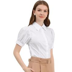 A basic button-down shirt features puff short sleeves bringing a touch of femininity and detail to any of the work-wear looks for added flair.
Made from lightweight soft cotton fabric, this puff sleeve button-down collar shirt drapes beautifully and ensures you stay comfy all day long.
Pair this work office shirt with shorts, work pants, or casual jeans. Formal Padded Short Sleeve Blouse, Formal Short Sleeve Padded Blouse, Elegant Semi-formal Short Sleeve Shirt, Classic Short Sleeve Padded Blouse, Fitted Puff Sleeve Shirt With Buttons, Fitted Short Sleeve Semi-formal Tops, Fitted Short Sleeve Shirt With Buttons, Fitted Short Sleeve Blouse For Formal Occasions, Fitted Short Sleeve Blouse For Semi-formal Occasions