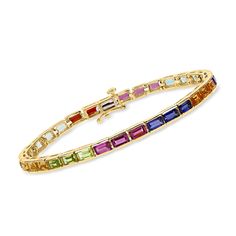 Ross-Simons - 10.60ct t. w. Multi-Gemstone Tennis Bracelet Over Sterling. 7". Add color to your neutrals in a chic way! Our tennis bracelet parades the wrist with 10.60 ct. tot. gem wt. multi-shaped amethyst, rhodolite garnet, yellow and orange citrine, garnet, peridot, Swiss and sky blue topaz and iolite gems. Set in sunny 18kt yellow gold over sterling silver. Figure 8 safety. Push-button clasp, multi-gemstone tennis bracelet. Orange Citrine, Multi Gemstone Bracelet, Topaz Color, Peridot Stone, Fine Jewelery, Amethyst Color, Jewelry Essentials, Natural Gold, Figure 8