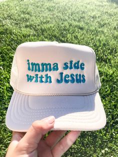 Trucker Hat Express your faith with the Imma Side With Jesus Trucker Hat. This hat is made in house and embroidered with the iconic phrase. It is lightweight, breathable, and comfortable for everyday wear. Show your faith with this stylish and fun statement piece! BULK ORDERS 6 PCS OR MORE! - PLEASE CONTACT US FOR A DISCOUNT CODE BEFORE ORDERING 6 PIECES= 30% OFF 12 PIECES = 40% OFF 24 PIECES = 50% OFF 48 PIECES = 55% OFF 96+ PIECES = 60% OFF All discounts include FREE SHIPPING - Free shipping i Flat Brim Hats With Embroidered Logo For Summer, Adjustable Trucker Hat With Embroidered Logo For Summer, Summer Adjustable Trucker Hat With Embroidered Logo, Spring Trucker Hat With Letter Print And Flat Brim, Trucker Hat With Letter Embroidery And Curved Brim, Adjustable Hat With Letter Embroidery For Spring, Spring Adjustable Hat With Letter Embroidery, Curved Brim Hats With Letter Embroidery For Summer, Adjustable Spring Hat With Letter Embroidery