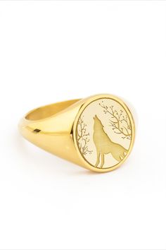 A beautiful Howling Wolf design engraved in our best-seller signet rings! *real images of the ring, taken by us* Face Size: 13x11mm Material: - Sterling Silver (925) - 9K Gold (375) - 14K Gold (585) - 18K Gold (750) *All signet rings are hallmarked on the back for certification* - We offer FREE Worldwide DHL & FedEx Shipping! - Branded DanelianJewelry Gift Box with each order! Yellow Gold Stainless Steel Signet Ring For Gift, Wolf Design Ring Jewelry Gift, Wolf Design Ring Jewelry For Gift, Round Wolf Design Jewelry Gift, Wolf Design Round Jewelry Gift, Symbolic Stainless Steel Engraved Ring As Gift, Symbolic Stainless Steel Engraved Ring For Gift, Engraved Stainless Steel Signet Ring For Promise, Symbolic Stainless Steel Engraved Signet Ring