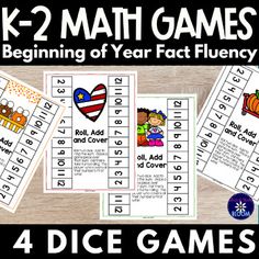 four dice game cards with the words k - 2 math games