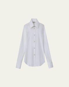 Lafayette 148 New York blouse in stretch cotton    Spread collar; snap front    Long sleeves; snap cuffs    Shirttail hem    Slim fit    Cotton/nylon/polyamide/Lycra® spandex    Imported Cotton Blouse, Cotton Blouses, Bergdorf Goodman, Stretch Cotton, Womens Clothing Tops, Tops Designs, Long Sleeves, Slim Fit, Spandex