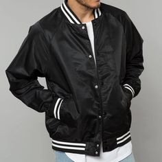 Brand: Urban Outfitters (Uo) Style: Black Satin Varsity Baseball Jacket With Black & White Trim Collar And Cuffs. Black Snap Buttons. Side Pockets. Size: Xl Mens Or Unisex/Womens Material: Satin Polyester Condition: Brand New With Tags Wear As Is Or Add/Customize With Patches & Pins! Black Outerwear With Pockets For College, College Style Black Outerwear With Pockets, Black College Style Varsity Jacket With Pockets, Black Casual Varsity Jacket With Pockets, Black Outerwear With Baseball Collar In College Style, Black Track Jacket With Pockets For College, Black College Style Outerwear With Baseball Collar, Classic Black Long Sleeve Windbreaker, Classic Long-sleeved Black Windbreaker