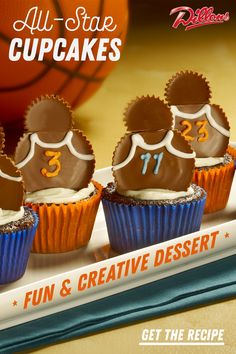 three cupcakes with chocolate frosting and numbers on them