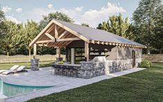 an outdoor kitchen next to a pool with lounge chairs and tables on the grass near it