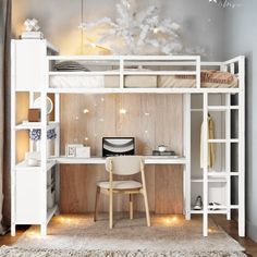 a white loft bed with desk and chair in the corner, next to a rug