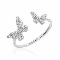 This whimsical ring is so pretty! Two pave butterflies have landed on this sleek, comfortable open band to make this playful ring - our new fave! Each butterfly is hand-set with different sizes of ethically sourced diamonds, to add texture and sparkle. The butterflies are set onto the open band in such a way to allow for comfortable stacking, so you can make this beautiful garden ring a centerpiece of your favorite stack. Custom sizes from 2-12 available to order - contact us to find out more. Garden Ring, Whimsical Ring, Unique Diamonds, Love Ring, Conflict Free Diamonds, Diamond Bands, Yellow Gold Rings, White Gold Rings, So Pretty