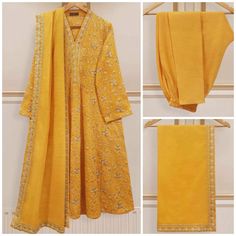 "Embrace the festivities of the season in style with mustard three-piece accented with intricate embroidery. Our exquisite suit is crafted in khaddar fabric, embodying elegance and grace. The ensemble is paired with dupatta & Pant. Length: 44\" Dupatta Fabric: Khaddar Pants Fabric : Khaddar" Semi-stitched Gold Kurta With Naqshi, Gold Anarkali Raw Silk Lawn Suit, Gold Anarkali Lawn Suit In Raw Silk, Festive Gold Anarkali Set With Naqshi Detail, Festive Gold Anarkali Set With Naqshi, Gold Naqshi Dupatta In Chinon, Gold Naqshi Chinon Dupatta, Traditional Drape Cambric Sharara With Dabka, Traditional Drape Sharara In Cambric With Dabka