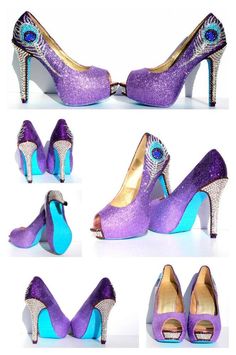 Purple Crystal Peacock Heels with Aqua Soles | Wicked Addiction Peacock Heels, Peacock Shoes, Glitter Romper, Muses Shoes, Glitter Texture, Purple Peacock, Closed Toe Heels, Fun Heels, Glitter Shoes