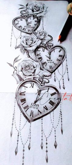 a drawing of a clock with roses and hearts on it, next to a pencil